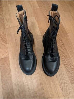 Simons Black Leather Lace-Up Zip Combat Boots